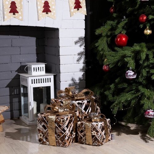 Светодиодная фигура «Подарки лесные» 15, 20, 25 см, текстиль, металл, батарейки ААх2 (не в комплекте), свечение тёплое