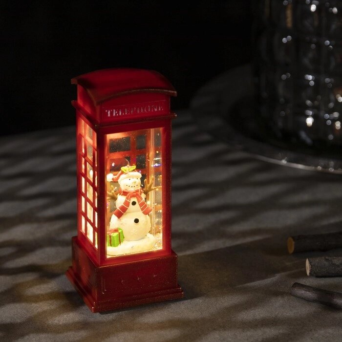 Светодиодная фигура «Снеговик в телефонной будке» 5  12  5 см, пластик, блёстки, батарейки AG13х3, свечение тёплое белое от компании Интернет - магазин Flap - фото 1