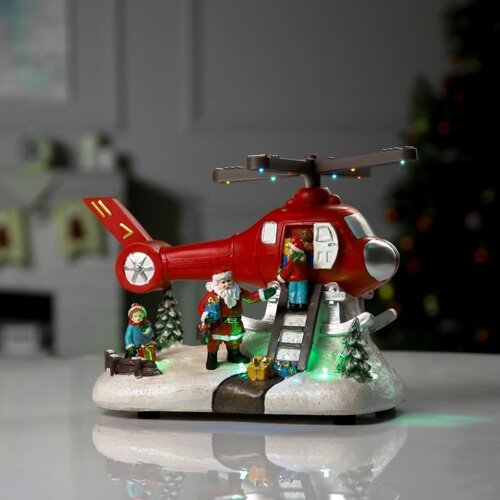 Светодиодная фигура «Вертолёт и Дед Мороз» 31.5 18 18 см, полистоун, батарейки ААх3 (не в комплекте), USB, свечение