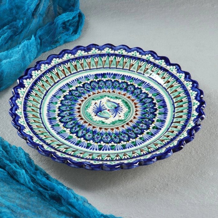 Тарелка Риштанская Керамика "Цветы", синяя, рельефная, 25 см от компании Интернет - магазин Flap - фото 1