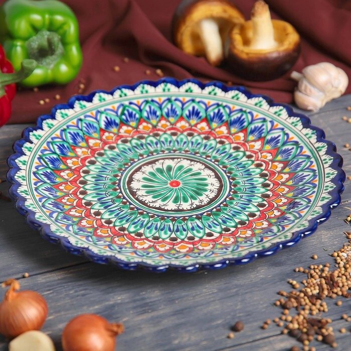 Тарелка Риштанская Керамика "Цветы", синяя, рельефная, 25см от компании Интернет - магазин Flap - фото 1
