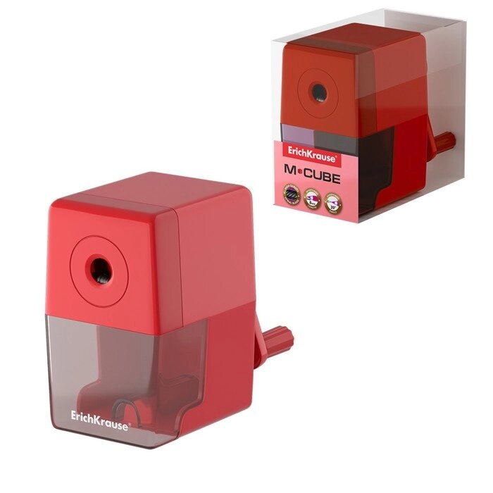 Точилка 1 отверстие ErichKrause M-Cube, с контейнером и механизмом крепления к столу, отверстие диаметром 8 мм, красная от компании Интернет - магазин Flap - фото 1