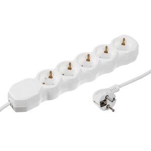 Удлинитель Luazon Lighting ECO,5 розеток,2 м,10 А,2200 Вт, ПВС 3х0.75мм2, с з/к белый