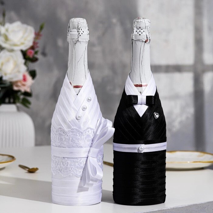 Украшение для шампанского "Жених и невеста", чёрно-белое от компании Интернет - магазин Flap - фото 1