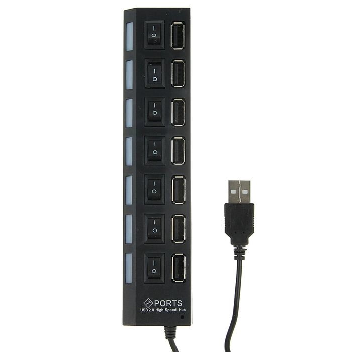 USB-разветвитель LuazON, 7 портов с выключателями, USB 2.0, черный от компании Интернет - магазин Flap - фото 1