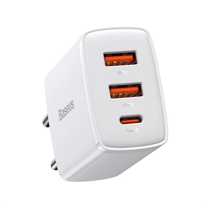 Зарядное устройство Baseus Compact Quick Charger 2*USB+USB-C, 3A, 30W, белый от компании Интернет - магазин Flap - фото 1