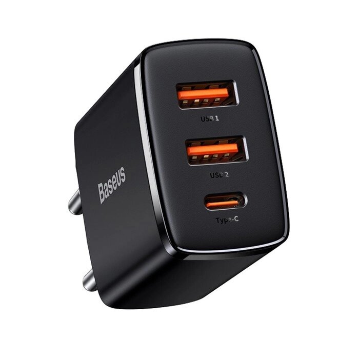 Зарядное устройство Baseus Compact Quick Charger 2*USB+USB-C, 3A, 30W, черный от компании Интернет - магазин Flap - фото 1