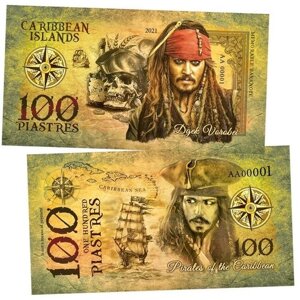 100 piastres (пиастр) Джек Воробей (Pirates of the Caribbean. Caribbean Islands). Памятная банкнота. UNC