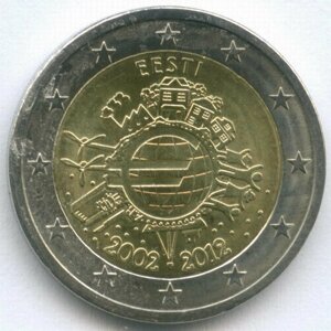 2 евро 2012 год. Эстония. 10 лет наличному евро. Биметалл XF-AU