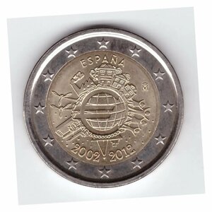2 евро 2012 год. Испания. 10 лет евро наличными. Биметалл AU