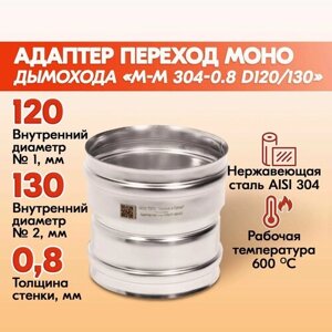 Адаптер переход дымохода Моно М-М 304-0.8 D120/130, переходник для печной трубы, адаптер котла из нержавейки