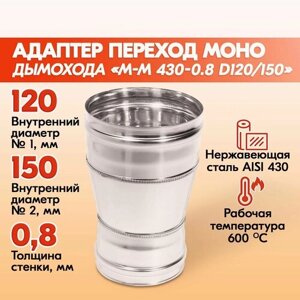 Адаптер переход дымохода Моно М-М 430-0.8 D120/150, переходник для печной трубы, адаптер котла из нержавейки