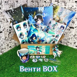 Аниме (anime) бокс Подарочный набор "Венти"Venti) из игры Genshin Impact / Геншин Импакт с Акриловой фигуркой и Подушкой (32х19х13 см)