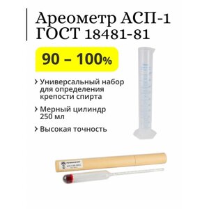 Ареометр (спиртомер) АСП-1, 90-100%ГОСТ 18481-81 с мерным пластиковым цилиндром 250 мл (синяя шкала)