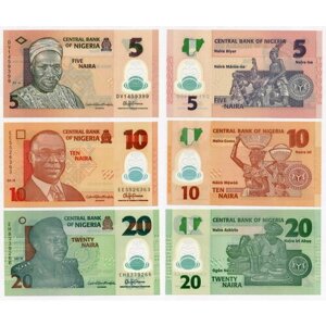 Банкноты Нигерия 3 шт (5, 10 и 20 найра) 2016-2018 гг. UNC (пластик)