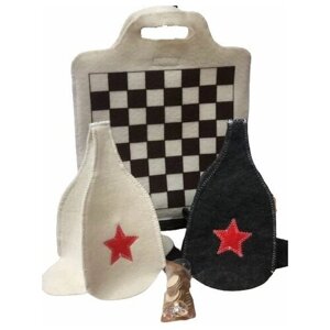 Банный набор, 2 шапки из серого и белого войлока с вышивкой, сумка с шахматным полем, шашки из дерева