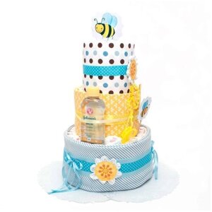 Большой торт из памперсов, пеленок и аксессуаров для девочки и мальчика "Пчелка" в подарок на встречу из роддома, трехъярусный