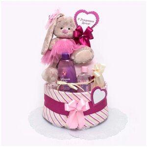 Большой тортик из памперсов для новорожденной девочки "Зайка-Принцесса" с мягкой игрушкой