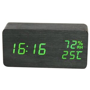 Часы-будильник "Деревянный брусок" средние черные с показаниями влажности, настольные часы