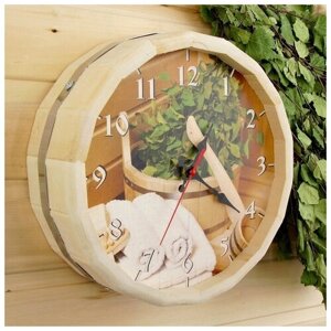 Часы деревянные банные бочонок "Банные штучки", деревянные часы настенные, цвет бежевый
