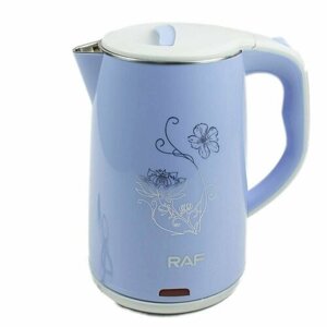 Чайник пластиковый электрический 2,5 Л, Двойные стенки, рисунок цветок белый на синем фоне RAF R. 7835