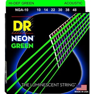 DR NGA-10 HI-DEF NEON струны для акустической гитары с люминесцентным покрытием зелёные 10 48
