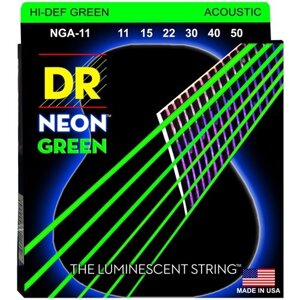 DR NGA-11 HI-DEF NEON струны для акустической гитары, с люминесцентным покрытием, зелёные 11 - 50