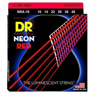 DR NRA-10 HI-DEF NEON струны для акустической гитары, с люминесцентным покрытием, красные 10 - 48