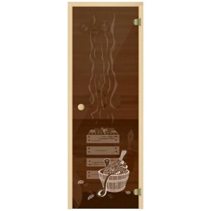 Дверь для бани АКМА Light Кноб 7х19 (бронза с рисунком Банька, 6 мм, коробка осина, арт. 310A)