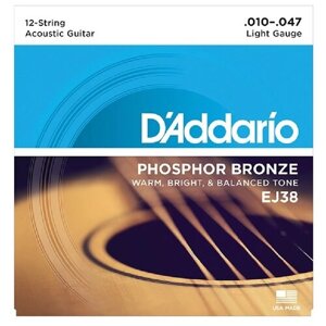 EJ38 Phosphor Bronze Комплект струн для акустической 12-струнной гитары, Light, 10-47, D'Addario