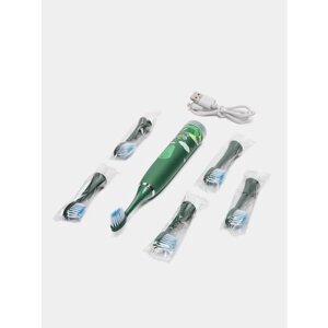 Электрическая зубная щетка, детская, 5 насадок, USB-провод, зеленая