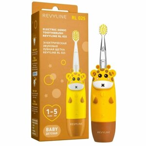 Электрическая звуковая зубная щётка для детей, Revyline RL 025, желтого цвета, от 1-5 лет, деликатная чистка зубов, 4 режима работы, 2 насадки, Ревилайн