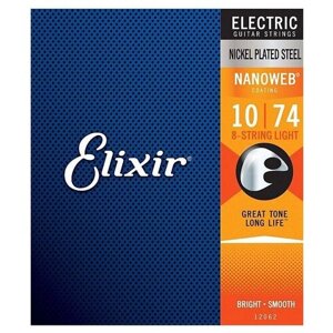 Elixir 12062 NanoWeb струны для 8-ми струнной электрогитары Light 10-74