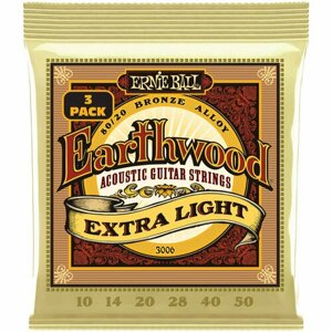 ERNIE BALL 3006 набор из 3х комплектов для акуст. гитары Earthwood Extra Light 80/20 (10-50)