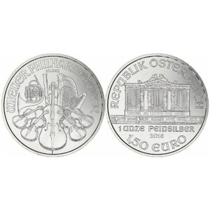 Евро Австрия - Венский Филармоникер , 1,5 евро 2018 год 31.1 г чистого серебра (проба 999)