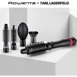 Фен-щетка 5в1 Rowenta Karl Lagerfeld Express Style CF634LF0 с 4 насадками и чехлом, 3 режима, 800 Вт, черная/красная
