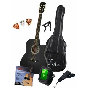 FFG-2039CAP-BK Акустическая гитара с чехлом, ремнем, тюнером, черная, Foix