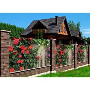Фотосетка для забора и фасада 2,5 х 4 м с люверсами / Розы на заборе