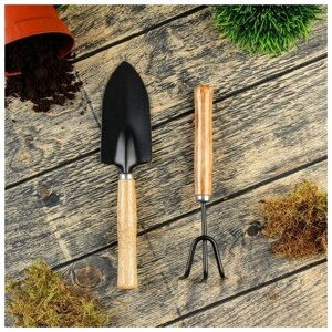Greengo Набор садового инструмента, 2 предмета: рыхлитель, совок, длина 26 см, деревянные ручки