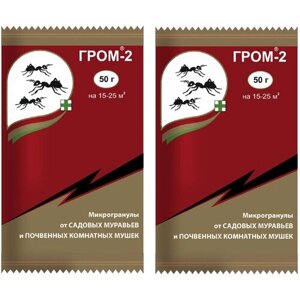 Гром-2 микрогранулы, набор 2 пакета по 50г, от садовых муравьев и почвенных мушек на рассаде, горшечных и садовых растениях.