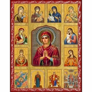Храмовая икона Собор Богородичных икон с красной рамкой, арт ДМИХ-222-1