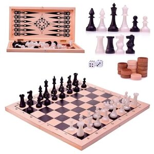 Игра 3 в 1, шахматы обиходные пластиковые + шашки + нарды + доска деревянная, 415 х 215мм, 02-110