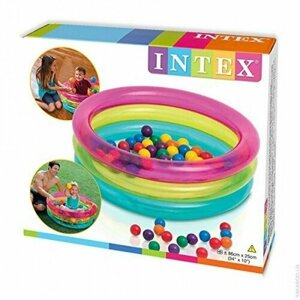 Игровой надувной сухой бассейн 86x86x25см "Радуга" с мячами (50шт), 1-3 лет, Intex 48674