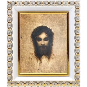 Иисус моргающий или Плат святой Вероники, икона в белой пластиковой рамке 8,5*10 см