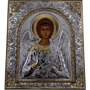 Икона Ангел Хранитель, деревянная с патиной, шелкография, золотой декор 15,5*17,5 см