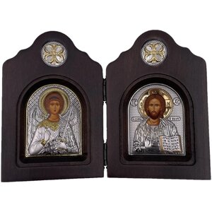 Икона Ангел Хранитель и Спаситель, диптих, шелкография, «золотой» декор, серебро 10*16 см