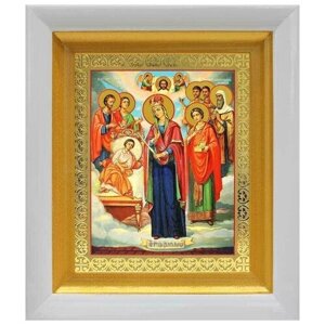 Икона Богородицы "Целительница" и святые врачеватели, белый киот 14,5*16,5 см