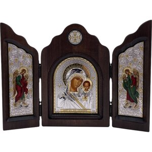 Икона Божьей Матери Казанской, триптих, шелкография, «золотой» декор, «серебро» 12*18 см