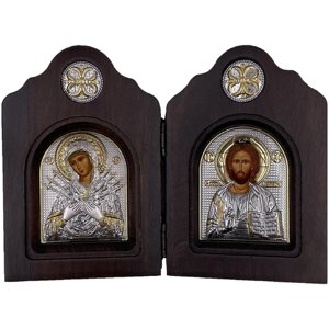 Икона Божьей Матери Семистрельная и Спаситель, диптих, шелкография, «золотой» декор 11*17 см