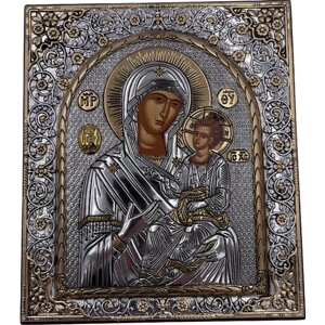 Икона Божией Матери Иверская, открытый лик, шелкография, «золотой» декор, «серебро» 15,5*18,5 см